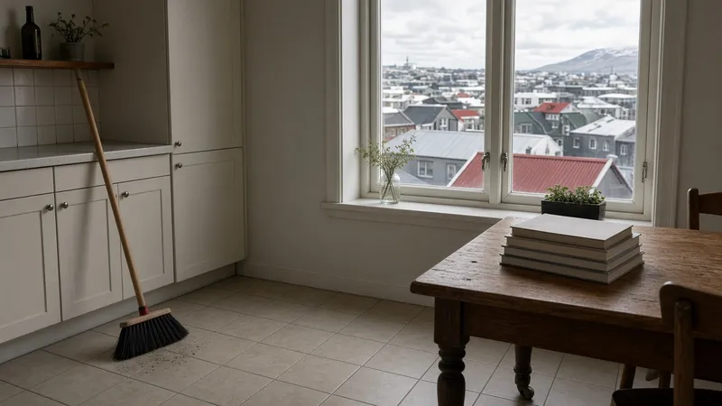 Cocina de una casa en Reikiavik con una escoba y libros de poesía