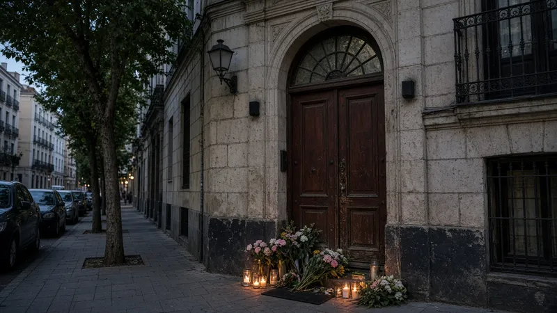 Portal de un edificio del barrio de Retiro con flores y velas