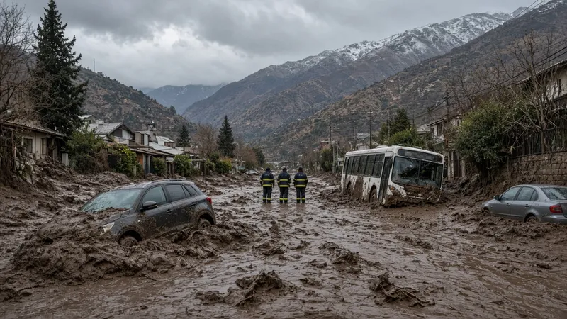 Calle de Las Condes cubierta de barro con coches y un autobús arrastrados