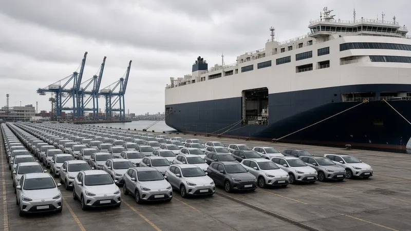 Coches híbridos alineados en un puerto junto a un buque