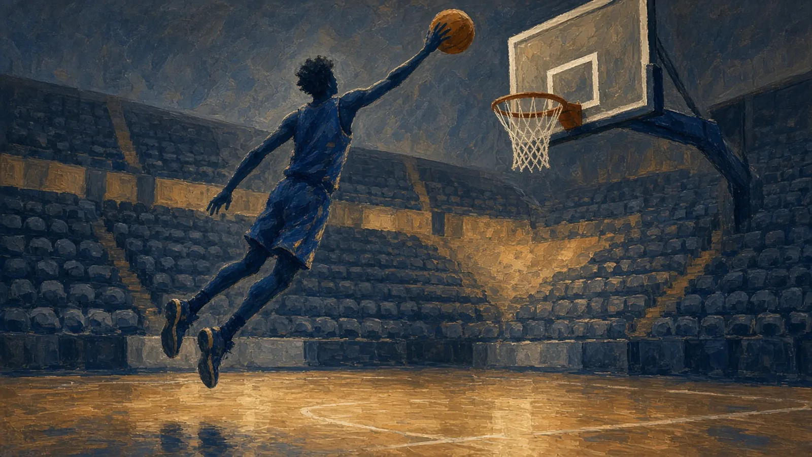 Ilustración: silueta de pívot mateando en una cancha de baloncesto vacía