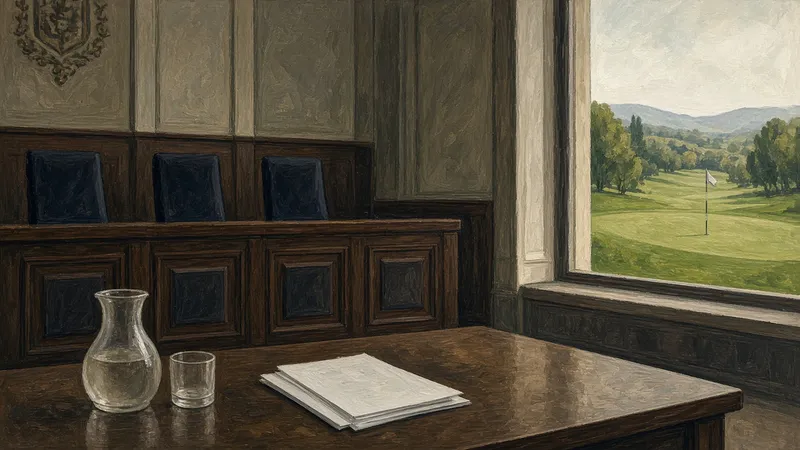 Ilustración: sala judicial vacía con un green de golf visible a través de la ventana