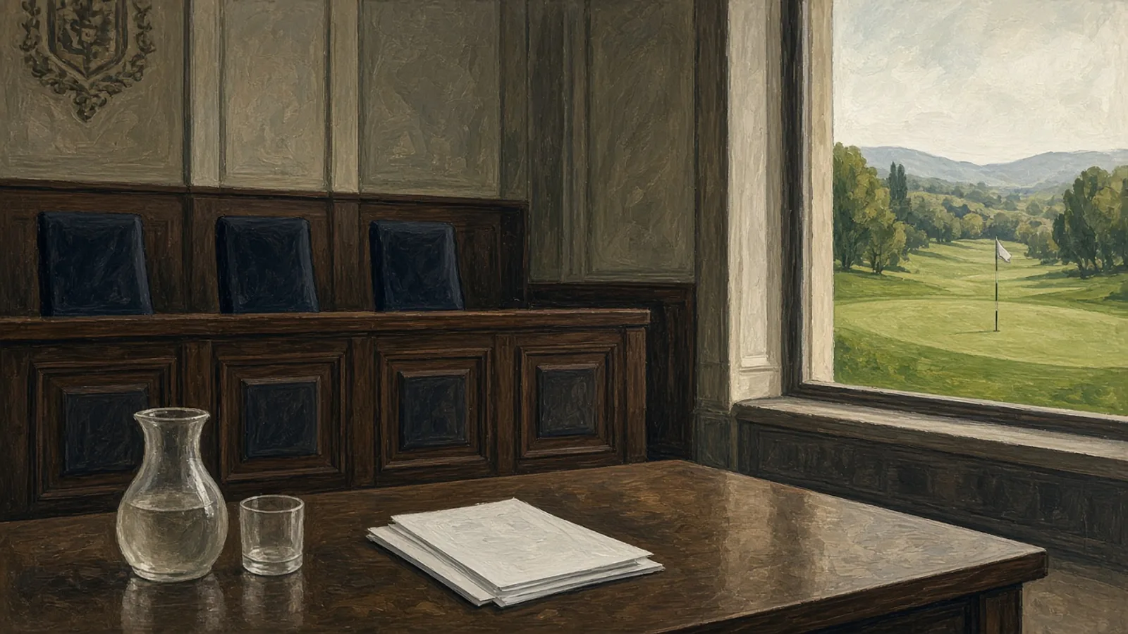 Ilustración: sala judicial vacía con un green de golf visible a través de la ventana