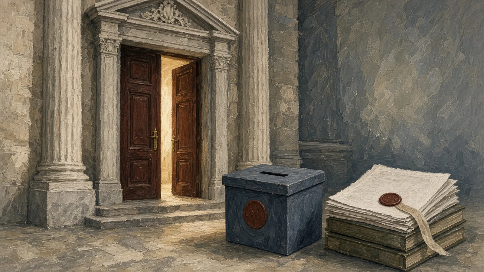 Ilustración: urna sellada y legajos ante las puertas de un alto tribunal