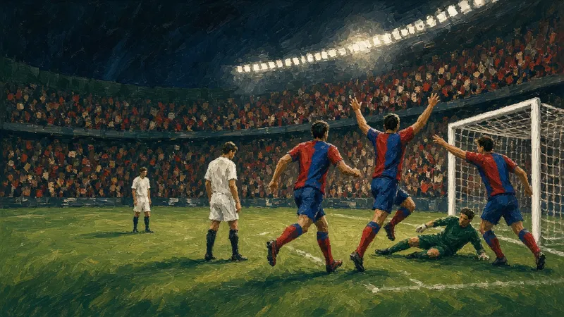Ilustración: jugadores estilizados celebran un gol nocturno bajo los focos del estadio
