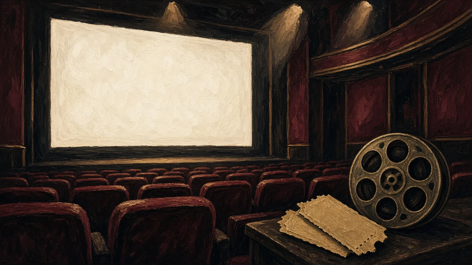 Ilustración: interior de cine clásico con butacas rojas, bobina y pantalla en blanco