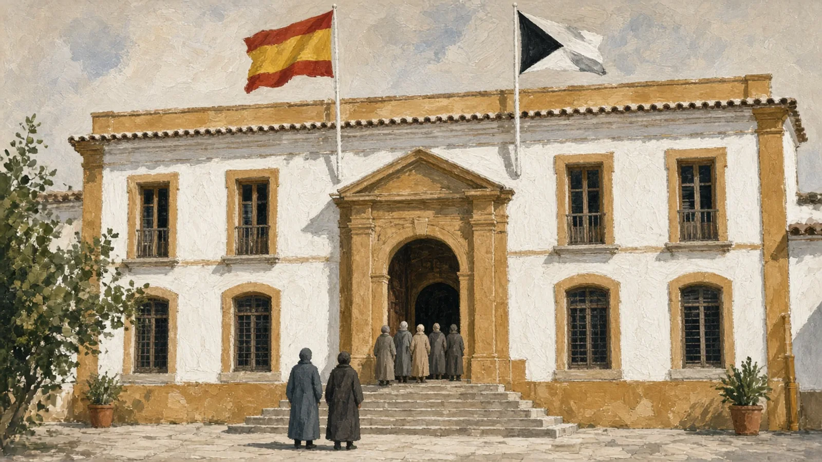 Ilustración: puerto y murallas de Ceuta con un ferri y banderas de España al amanecer