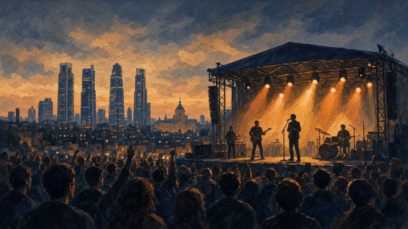 Ilustración: concierto al aire libre en Madrid con siluetas en el escenario y skyline al fondo