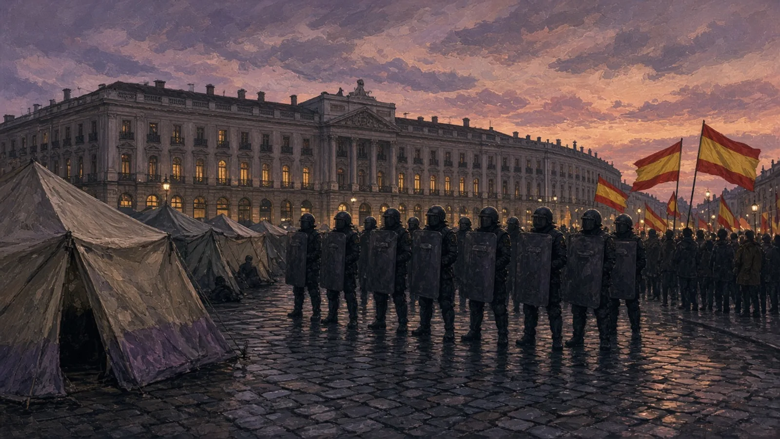 Ilustración: cordón policial entre tiendas de acampada y banderas en una plaza al atardecer