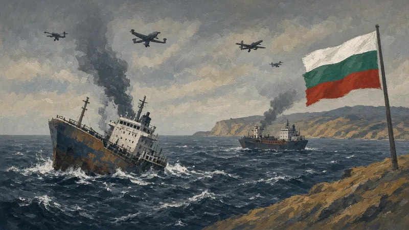 Ilustración: carguero escorado en el mar Negro con drones en el cielo y costa al fondo