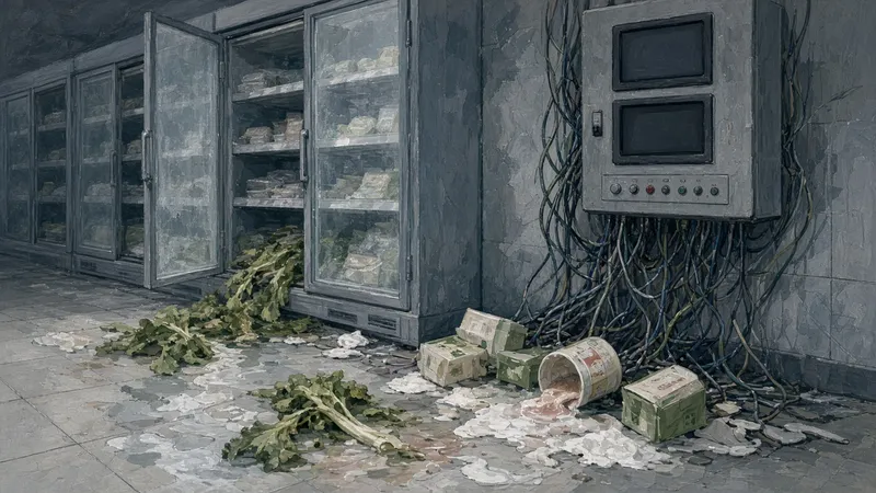 Ilustración: neveras de supermercado abiertas con comida estropeada y panel de control con cables