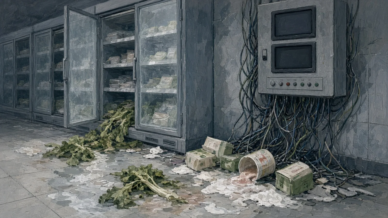 Ilustración: neveras de supermercado abiertas con comida estropeada y panel de control con cables