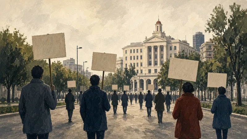 Ilustración: calle madrileña con siluetas de docentes en huelga