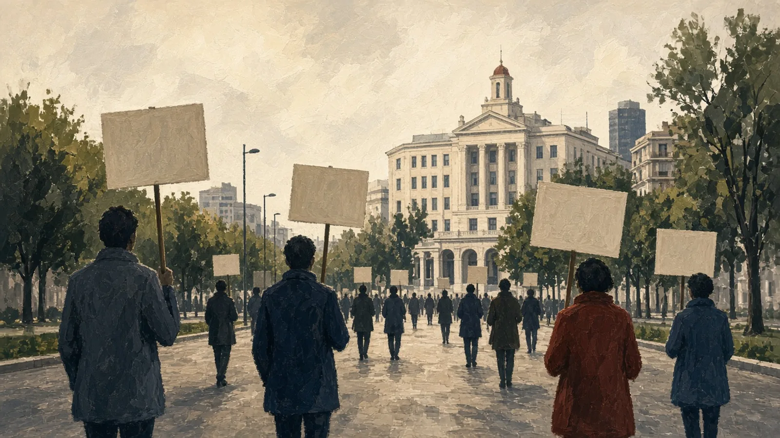 Ilustración: calle madrileña con siluetas de docentes en huelga