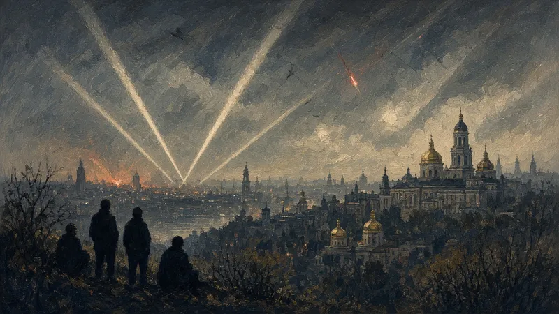 Ilustración: skyline nocturno de Kiev con destellos antiaéreos