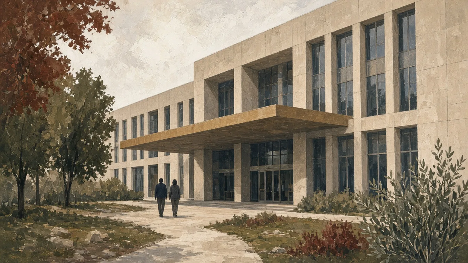 Ilustración: exterior de hospital en Roma con fachada sin texto