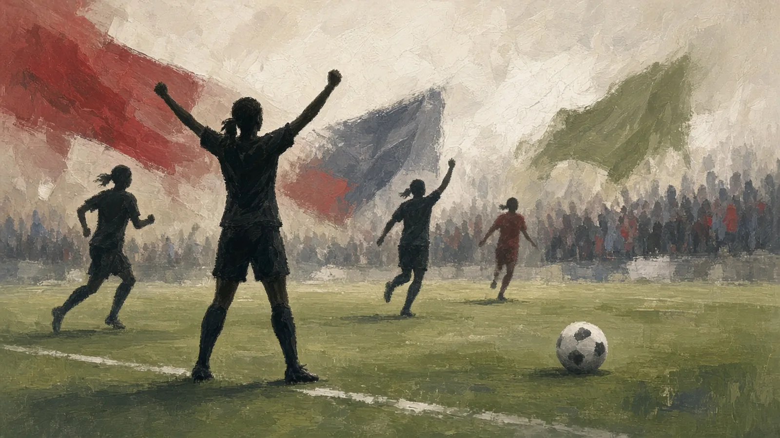 Ilustración: campo de fútbol femenino con siluetas celebrando