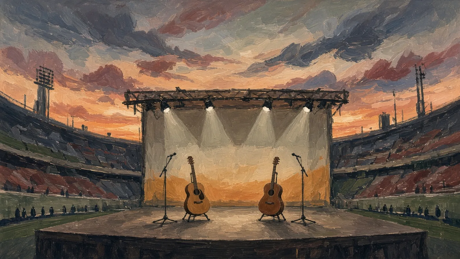 Ilustración: escenario de estadio vacío con dos guitarras y focos