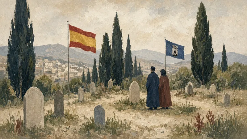Ilustración: cementerio Sidi Embarek en Ceuta con dos siluetas ante una tumba