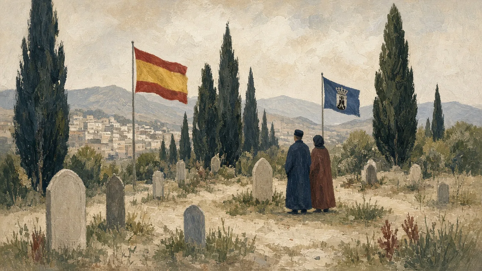 Ilustración: cementerio Sidi Embarek en Ceuta con dos siluetas ante una tumba
