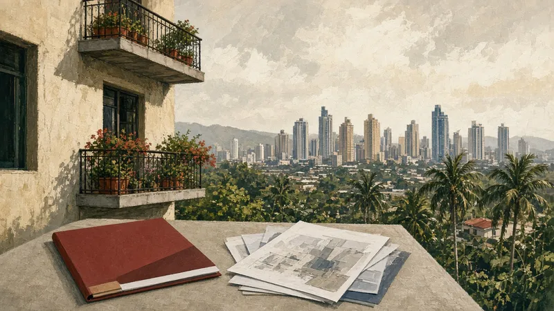 Ilustración: pisos y documentos con skyline tropical de Panamá