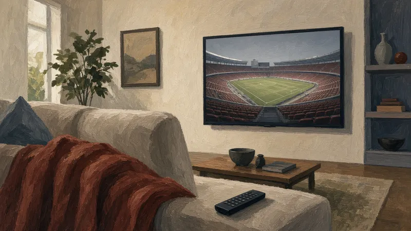 Ilustración: salón con televisor mostrando un estadio vacío