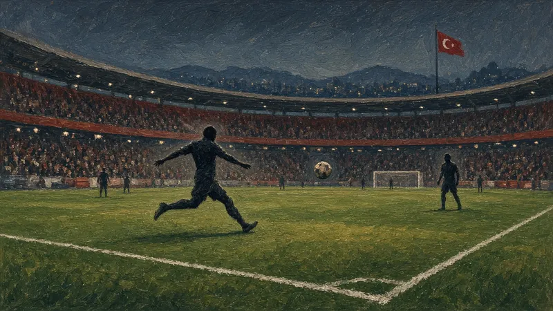 Ilustración: estadio nocturno con siluetas de jugadores y balón en el aire
