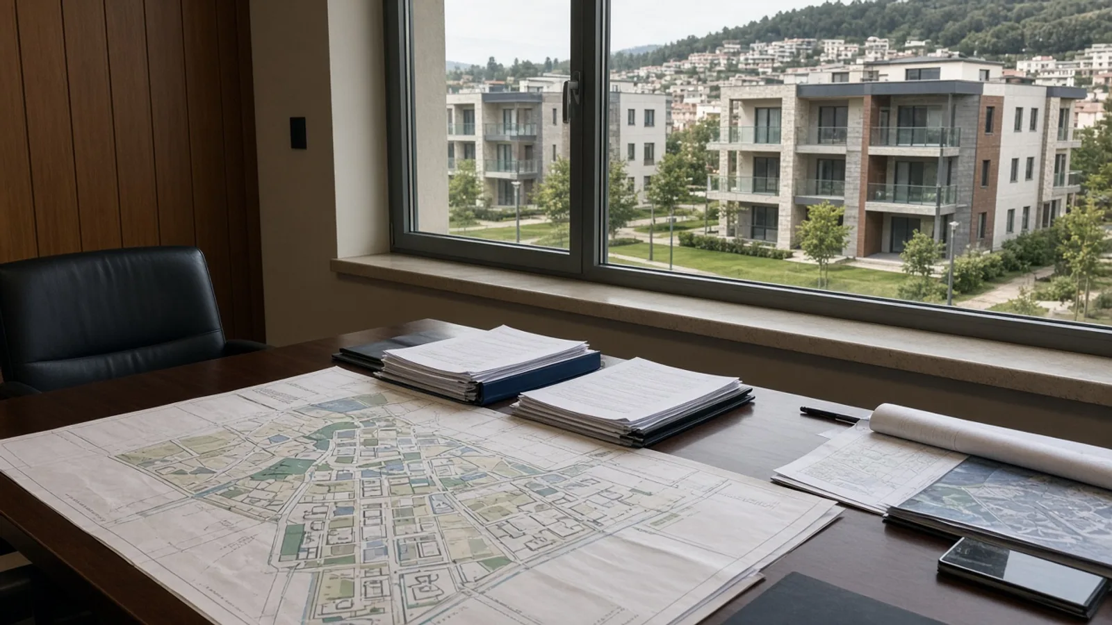 Planos urbanísticos sobre una mesa de un ayuntamiento